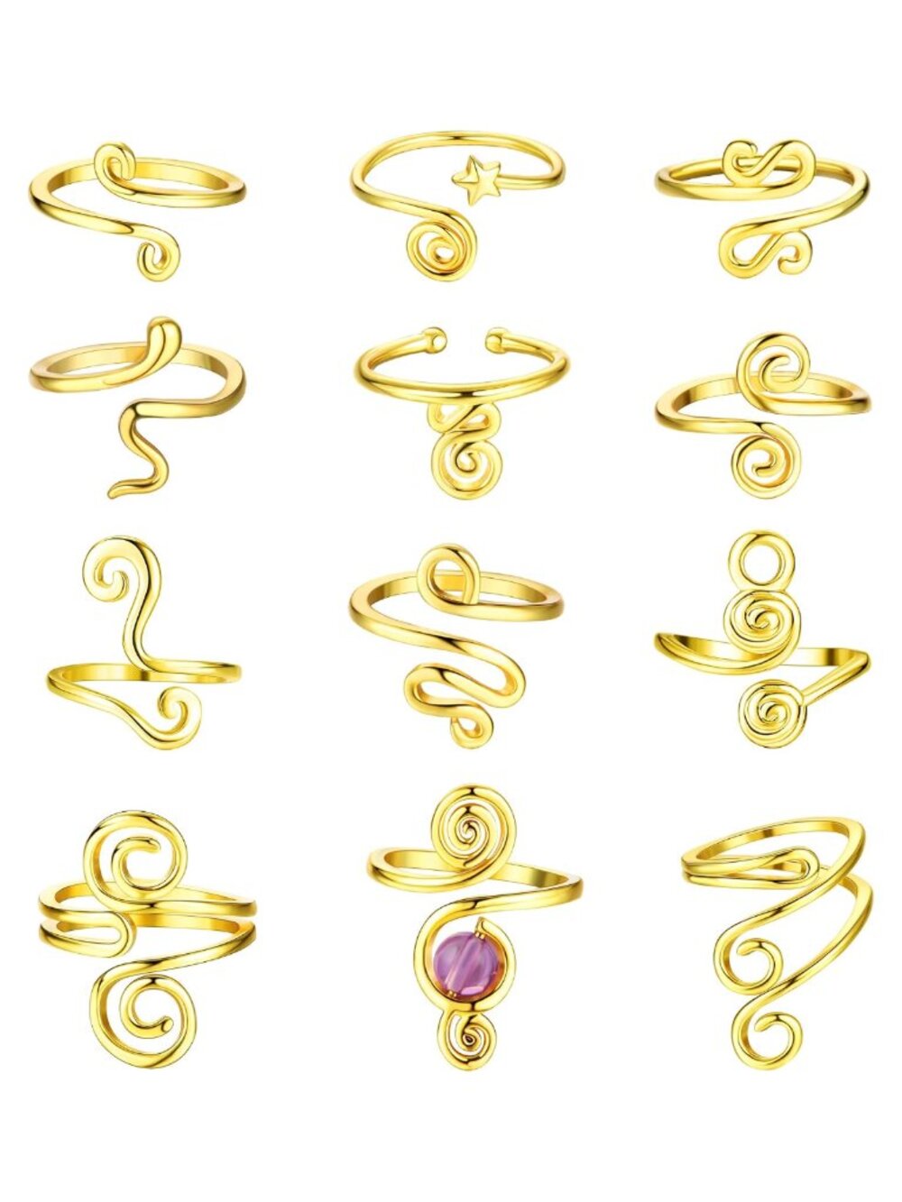 12pc Adjustable Toe Rings for Women 14K Gold Plated Hypoallergenic Set